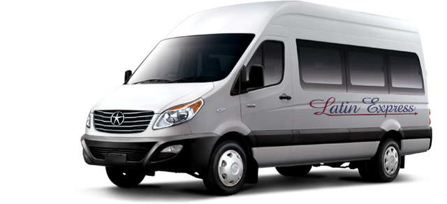 Van blanca de Latin Express con el logo de la empresa